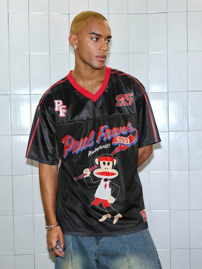 Black Paul Frank Cartoon Print Soccer Style V-Neck Jersey