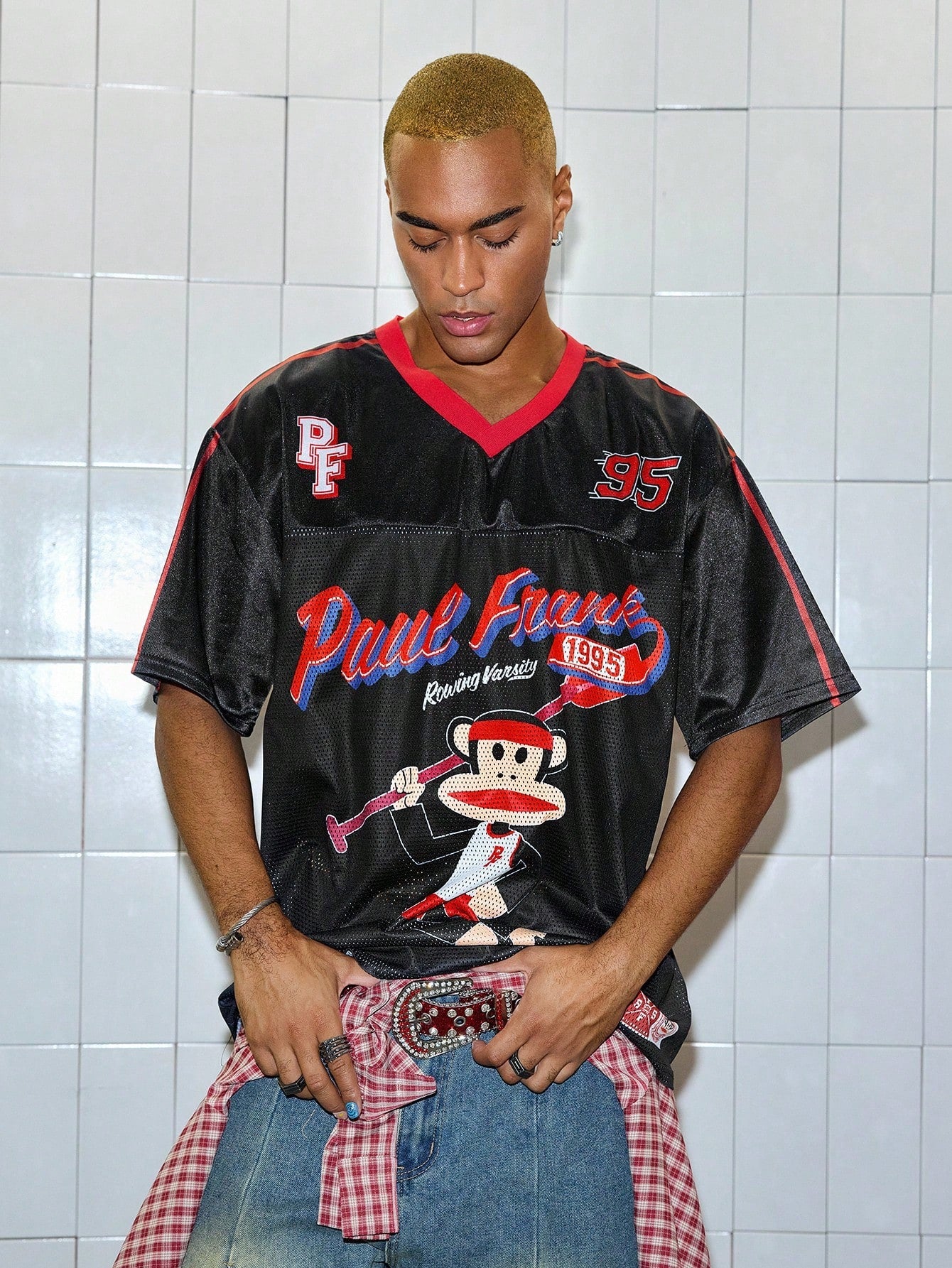 Black Paul Frank Cartoon Print Soccer Style V-Neck Jersey