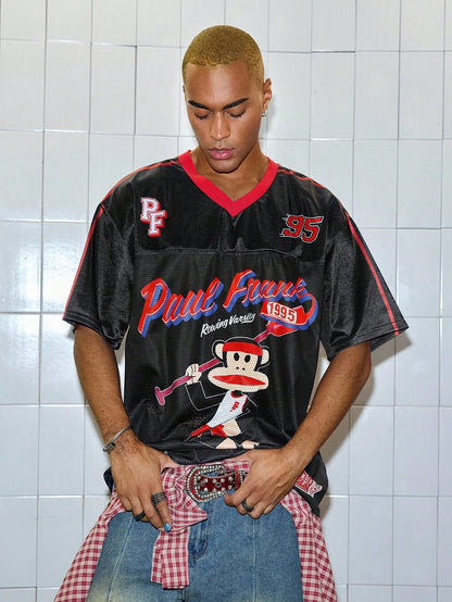 Black Paul Frank Cartoon Print Soccer Style V-Neck Jersey