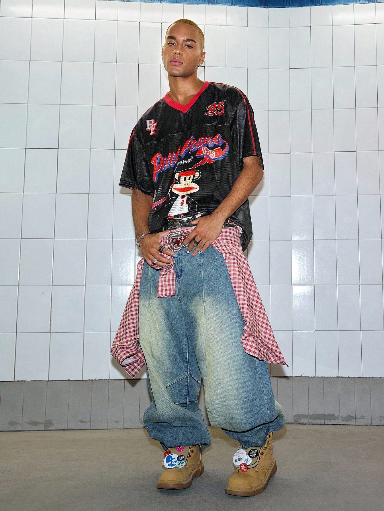 Black Paul Frank Cartoon Print Soccer Style V-Neck Jersey