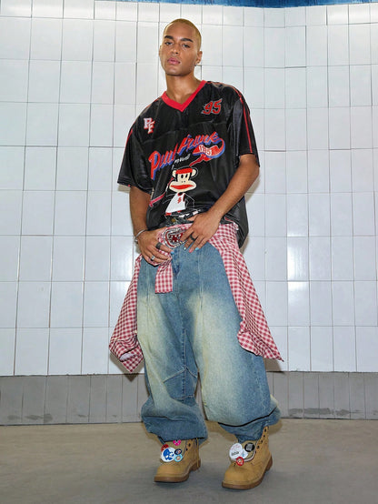 Black Paul Frank Cartoon Print Soccer Style V-Neck Jersey