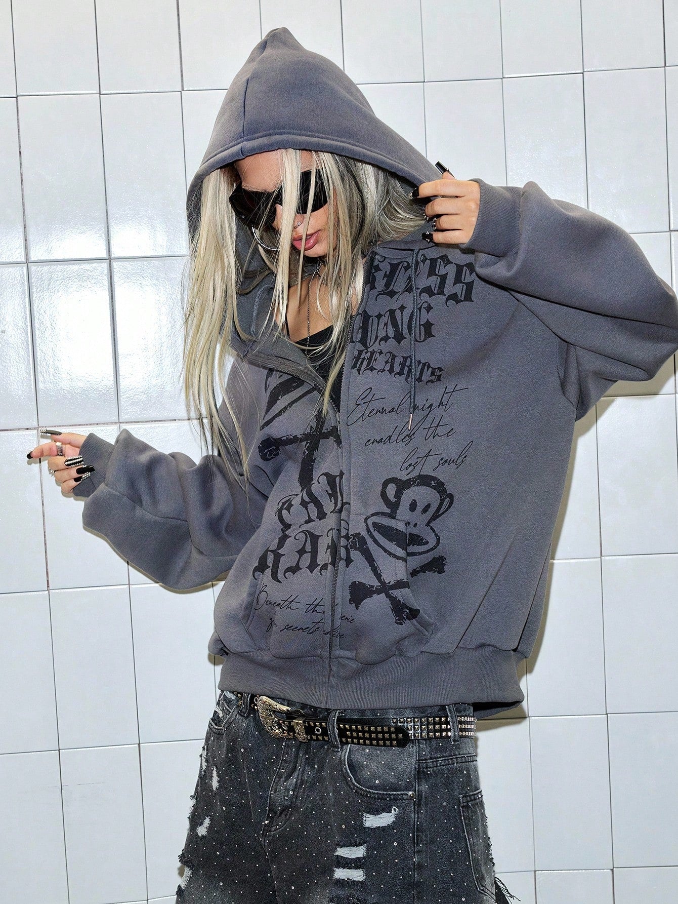 Oversized Y2K Monkey Zip-Up Hoodie
