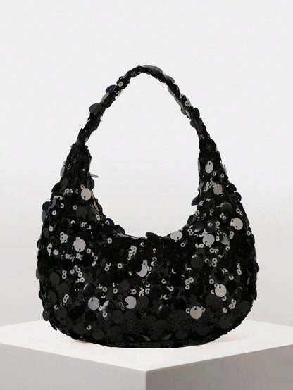 Quilted Sequin Crescent Evening Handbag Party Clutch