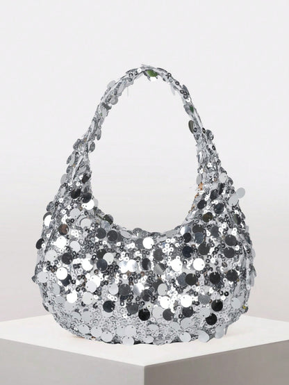 Quilted Sequin Crescent Evening Handbag Party Clutch