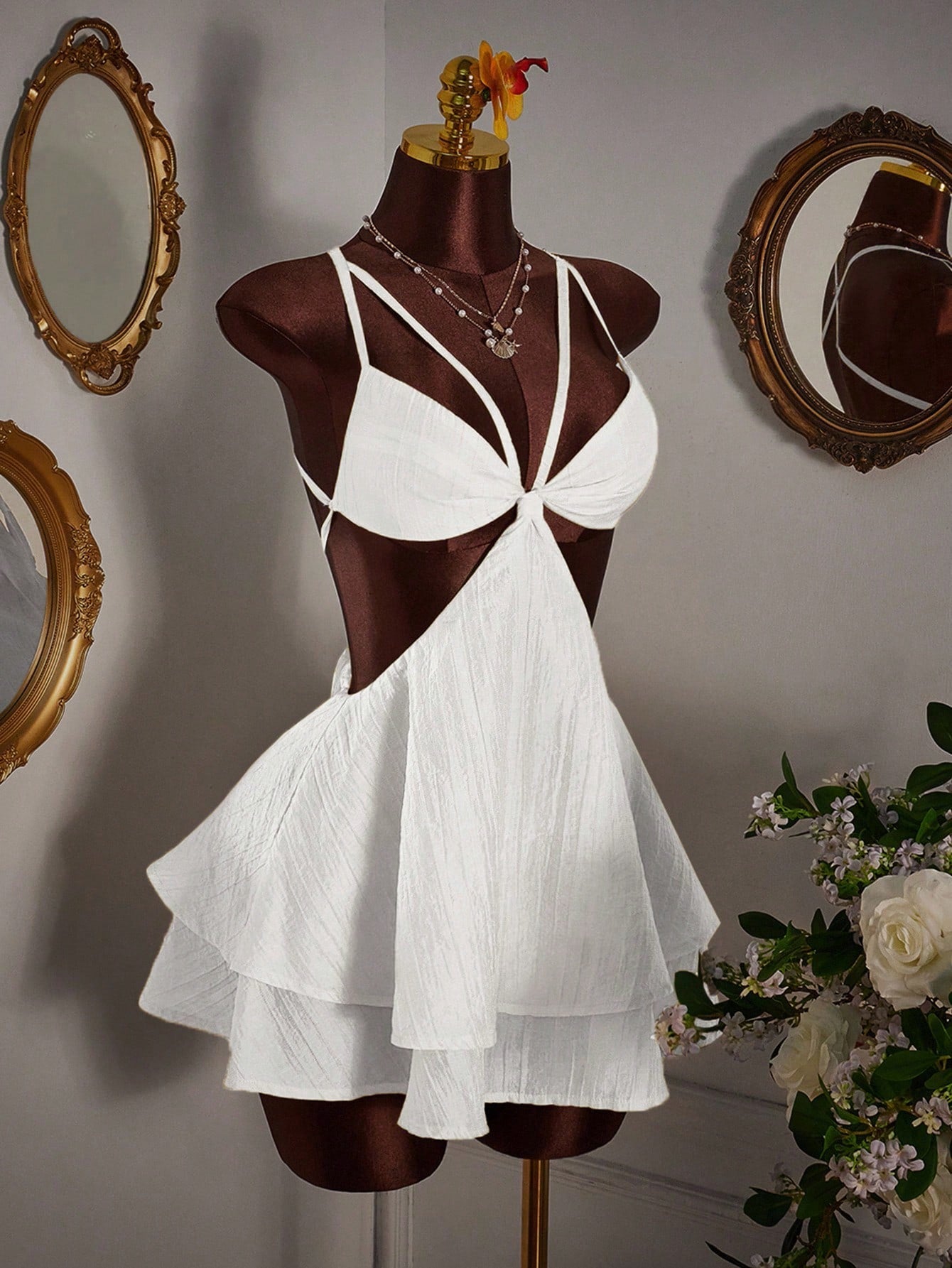 Women's Apricot Spaghetti Strap Tiered Mini Dress