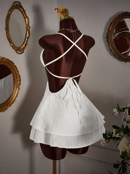 Sexy Apricot Backless Layered Ruffle Mini Dress
