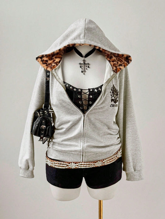 Y2K Leopard Fur Zip Hoodie