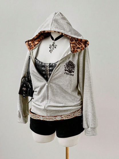 Y2K Leopard Fur Zip Hoodie