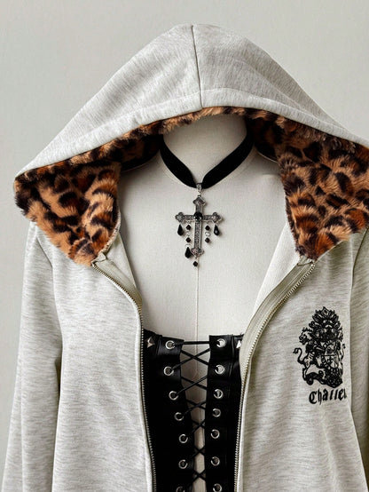 Y2K Leopard Fur Zip Hoodie