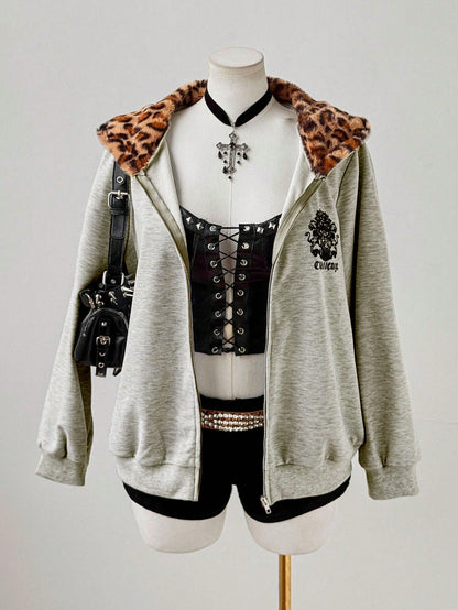 Y2K Leopard Fur Zip Hoodie
