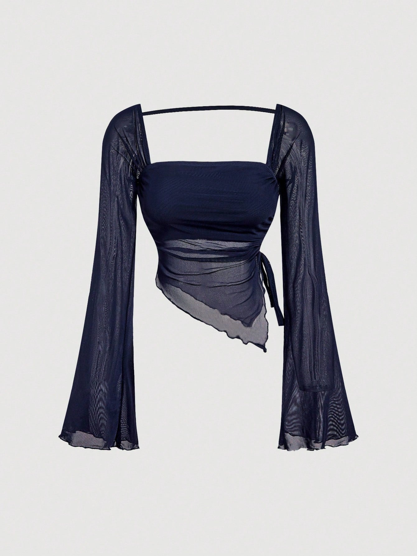 Navy Blue Long Sleeve Lace-Up Tight T-Shirt