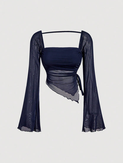 Navy Blue Long Sleeve Lace-Up Tight T-Shirt