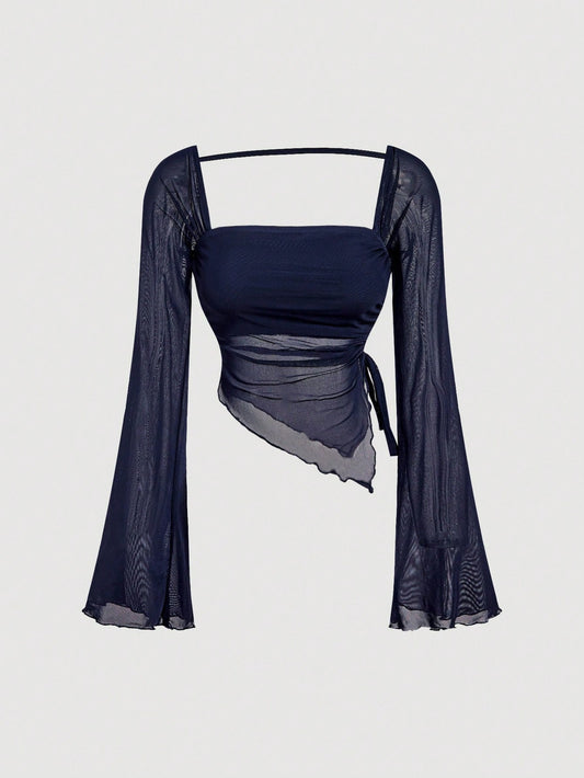 Navy Blue Long Sleeve Lace-Up Tight T-Shirt