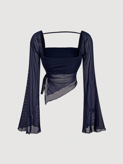 Navy Blue Long Sleeve Lace-Up Tight T-Shirt