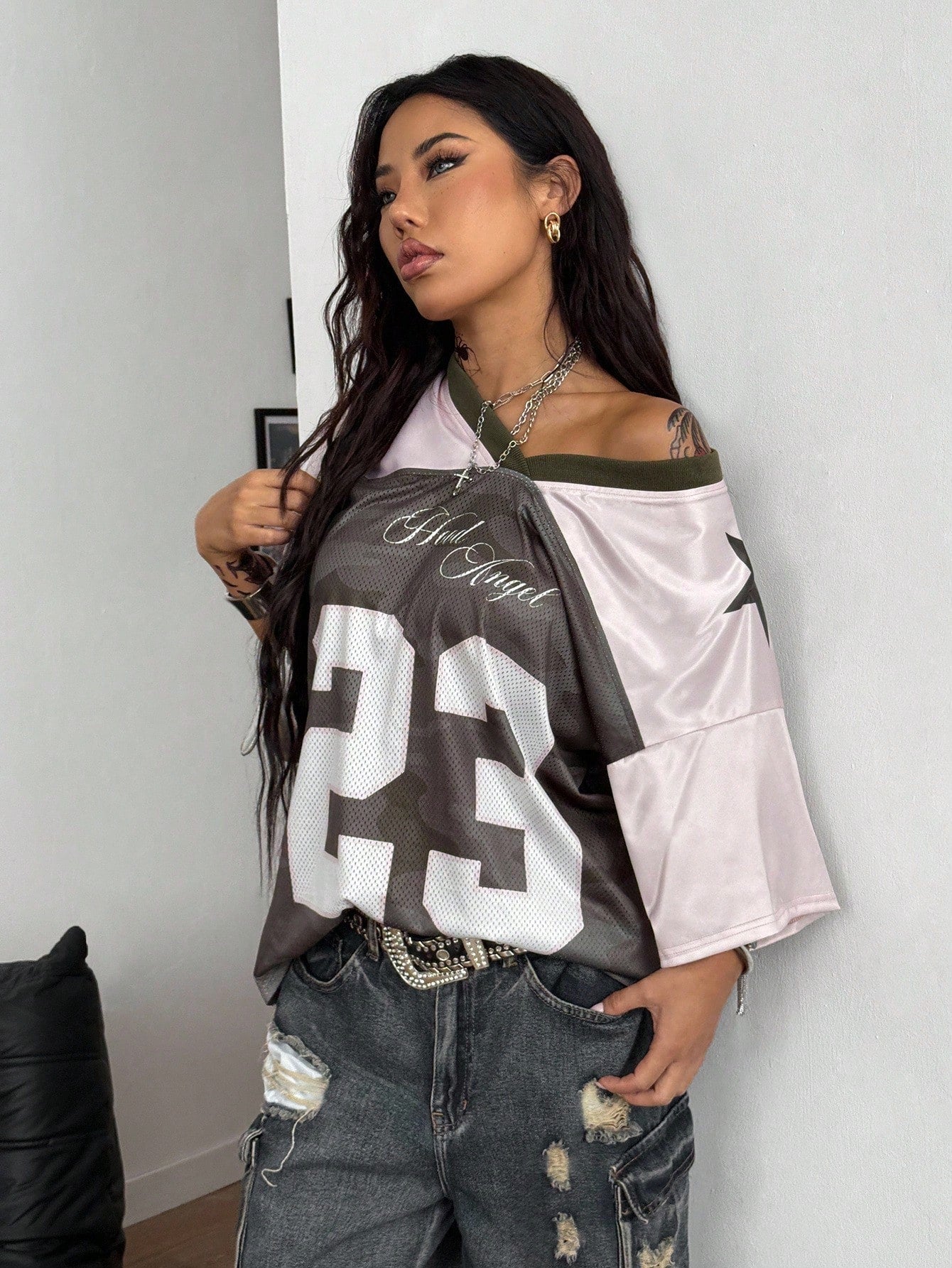 Multicolor Colorblock & Letter Print V-Neck Jersey