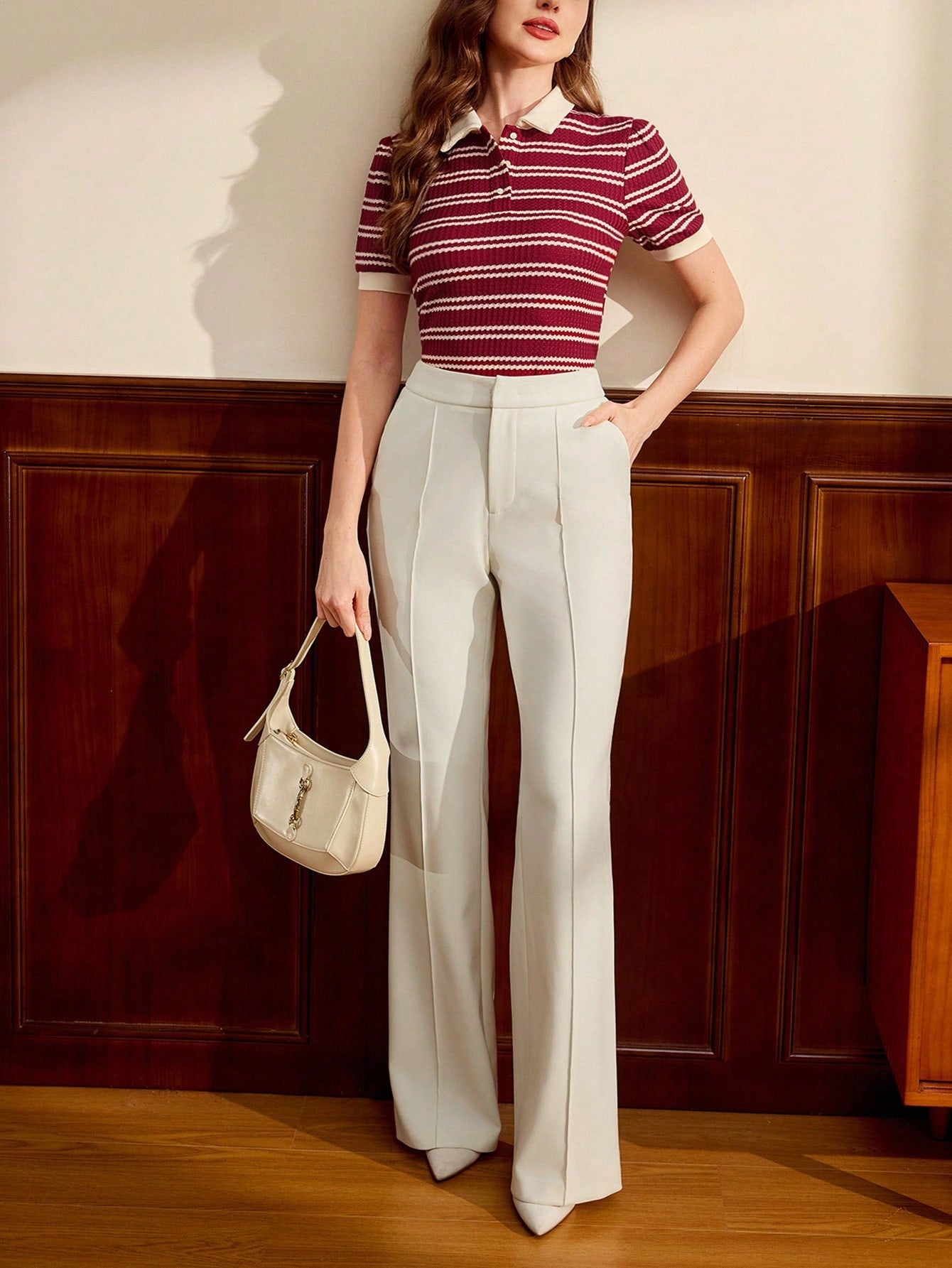 Women’s Vintage Elegant Polo Collar Jacquard T-Shirt