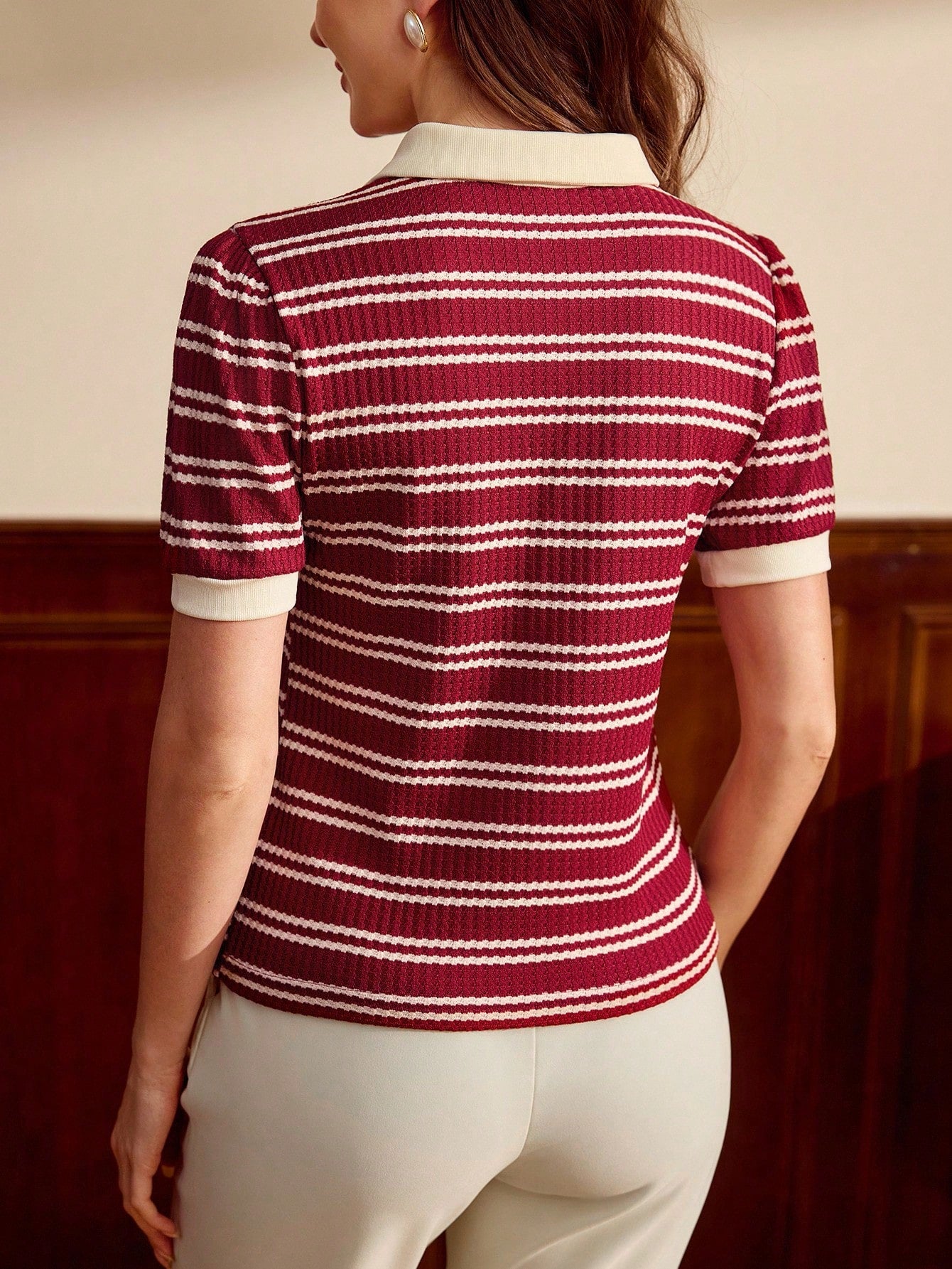 Women’s Vintage Elegant Polo Collar Jacquard T-Shirt