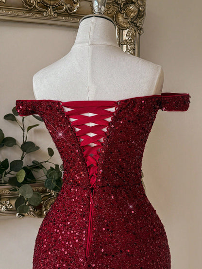Red Sequin Cold Shoulder Bodycon Mini Dress