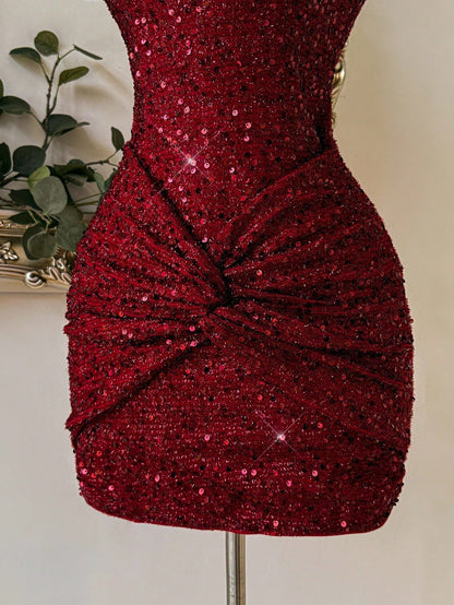 Red Sequin Cold Shoulder Bodycon Mini Dress