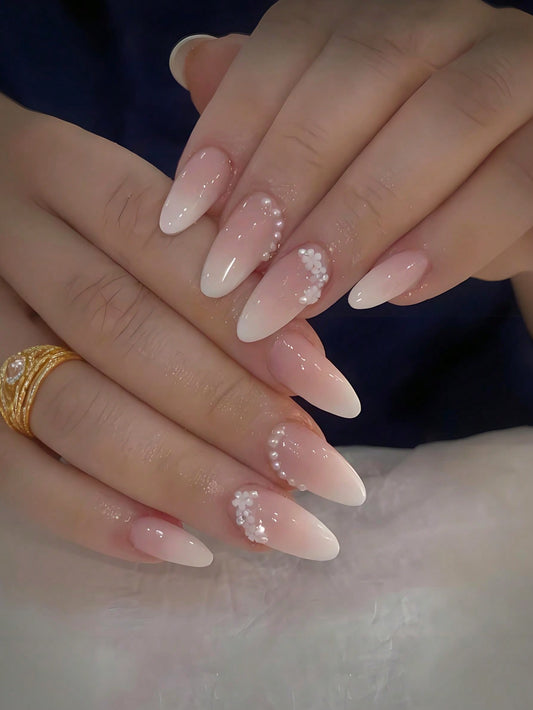 24pcs Summer Flower & Pearl Ombre French Almond Nails