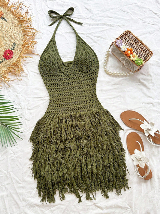 Army Green Knit Halter Mini Dress