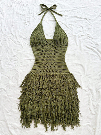 Army Green Knit Halter Mini Dress