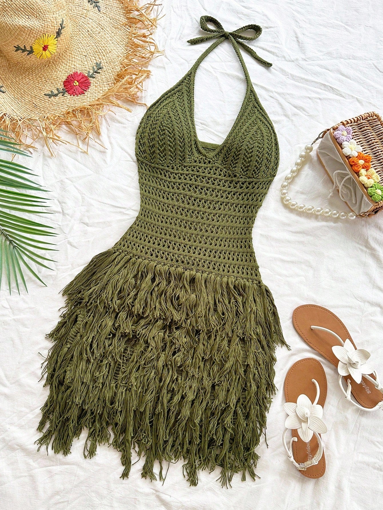 Army Green Knit Halter Mini Dress