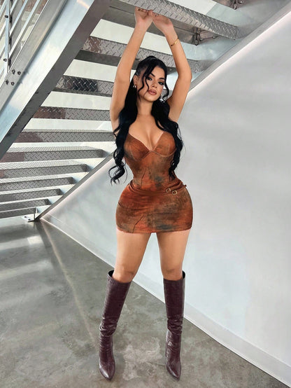 Sexy Brown Tie-Dye Spaghetti Strap Bodycon Mini Dress
