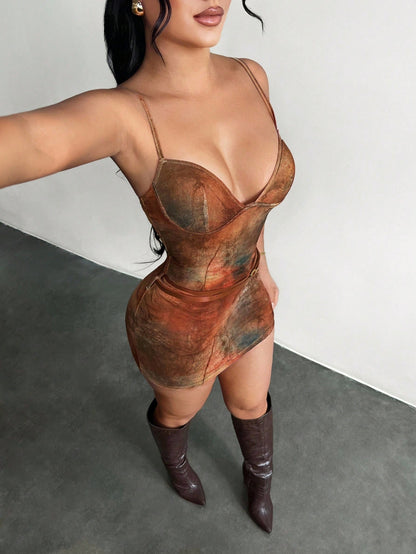 Sexy Brown Tie-Dye Spaghetti Strap Bodycon Mini Dress