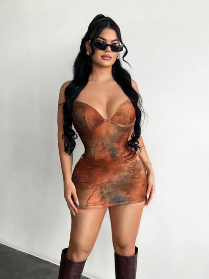 Sexy Brown Tie-Dye Spaghetti Strap Bodycon Mini Dress