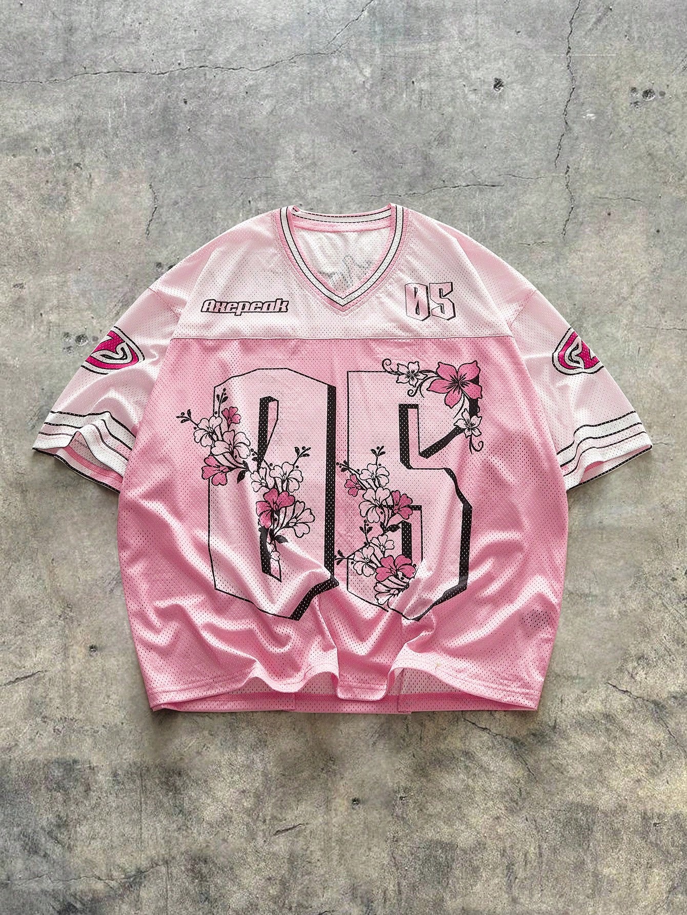 Pink Oversized Knitted V-Neck Short Sleeve Jersey