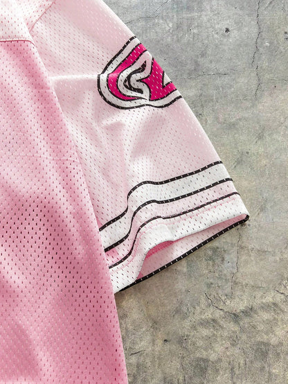 Pink Oversized Knitted V-Neck Short Sleeve Jersey