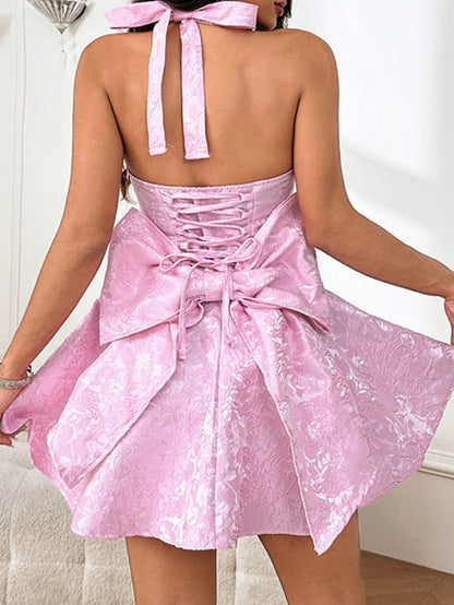 Elegant Pink Jacquard Halter Backless Party Dress