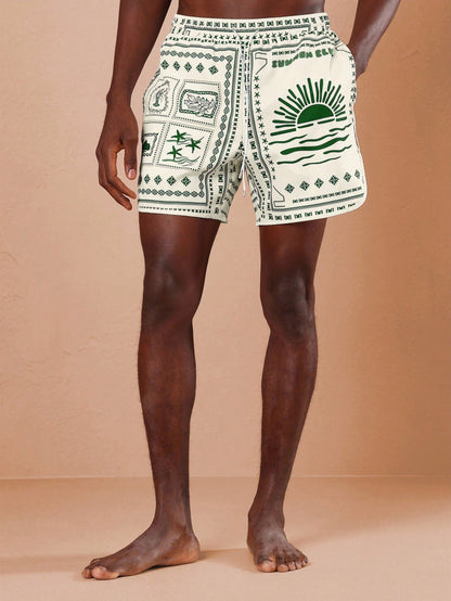 Men's Vibrant Patchwork Curved Hem Beach Shorts