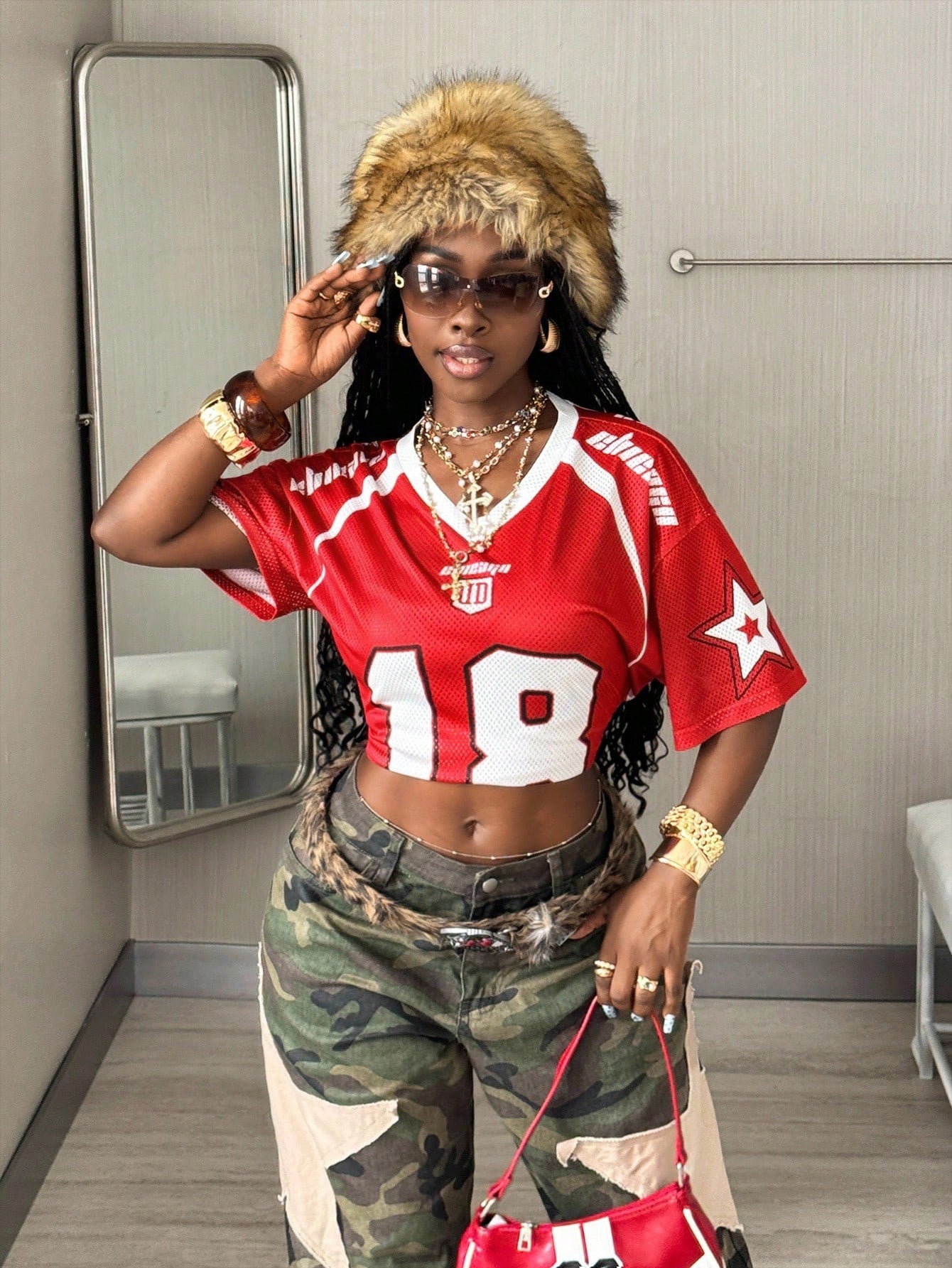 Women's Red Oversized Mesh Short Sleeve V-Neck Top Jersey