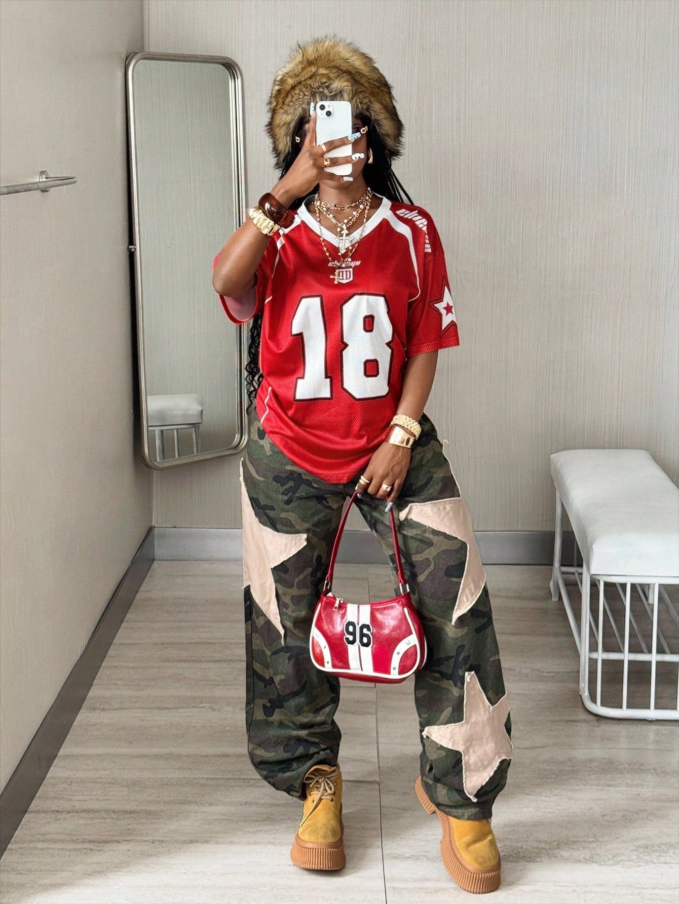 Women's Red Oversized Mesh Short Sleeve V-Neck Top Jersey