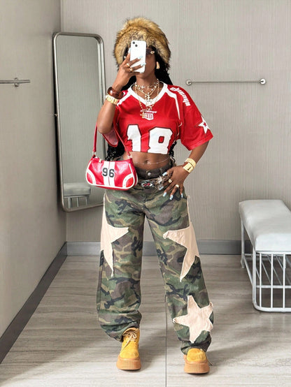 Women's Red Oversized Mesh Short Sleeve V-Neck Top Jersey