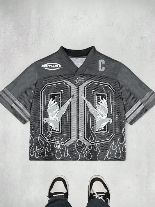 Dark Grey Hollow Patchwork Pigeon Print V-Neck Jersey