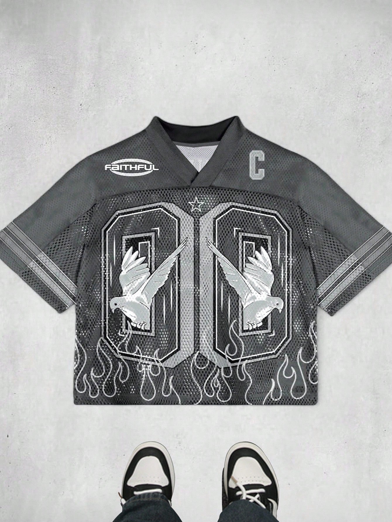 Dark Grey Hollow Patchwork Pigeon Print V-Neck Jersey