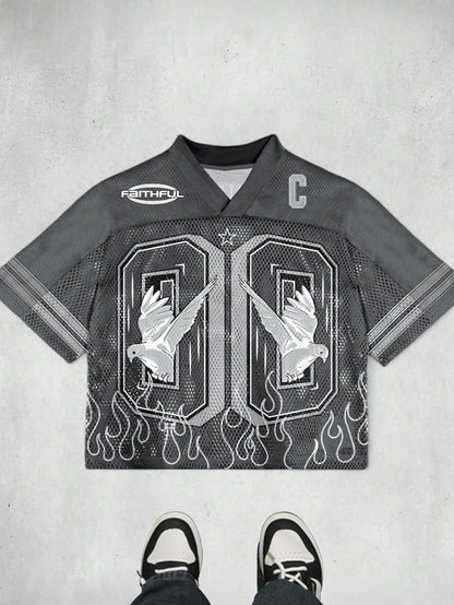Dark Grey Hollow Patchwork Pigeon Print V-Neck Jersey