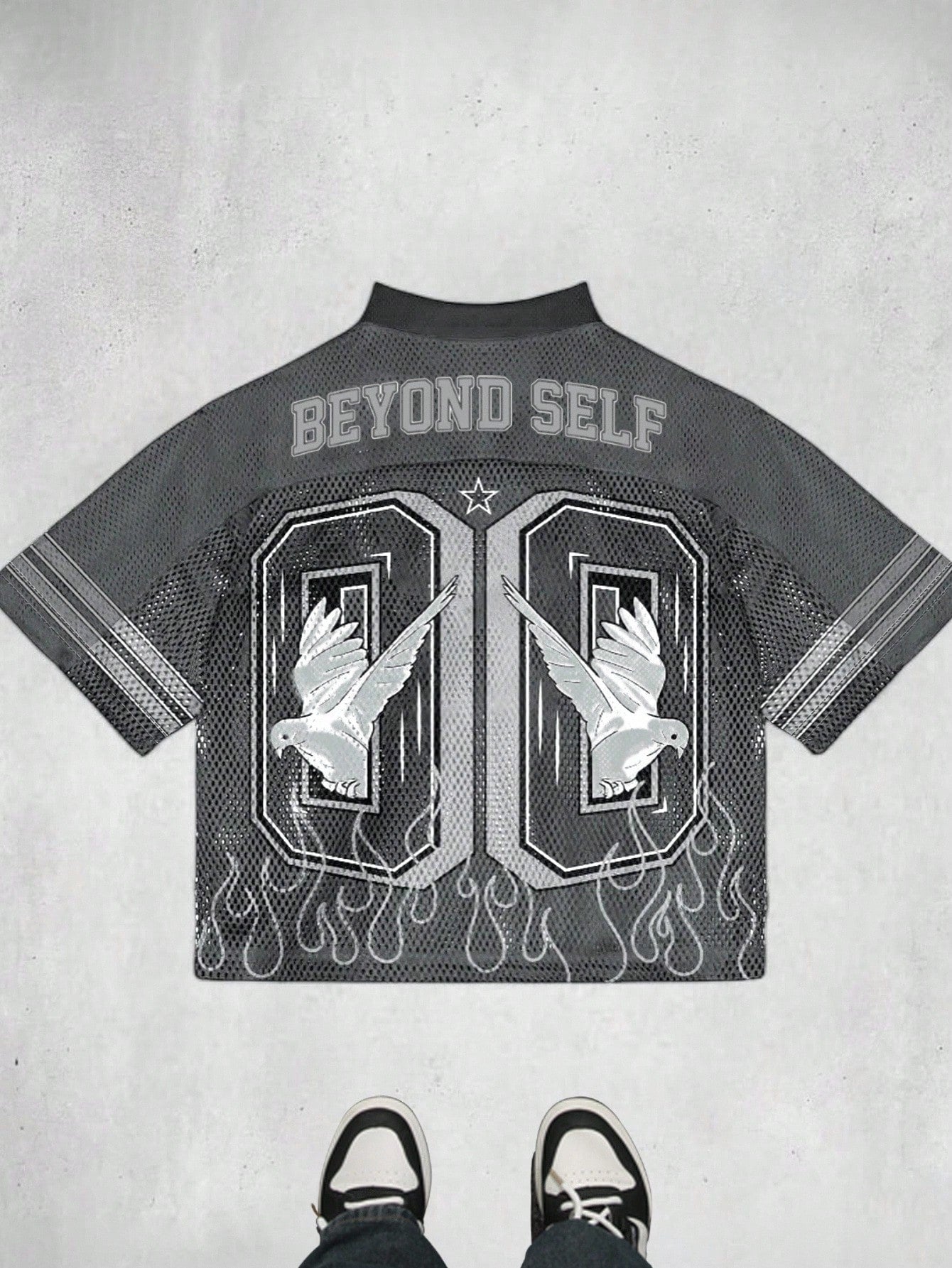 Dark Grey Hollow Patchwork Pigeon Print V-Neck Jersey