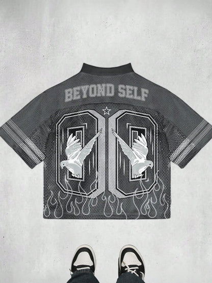 Dark Grey Hollow Patchwork Pigeon Print V-Neck Jersey