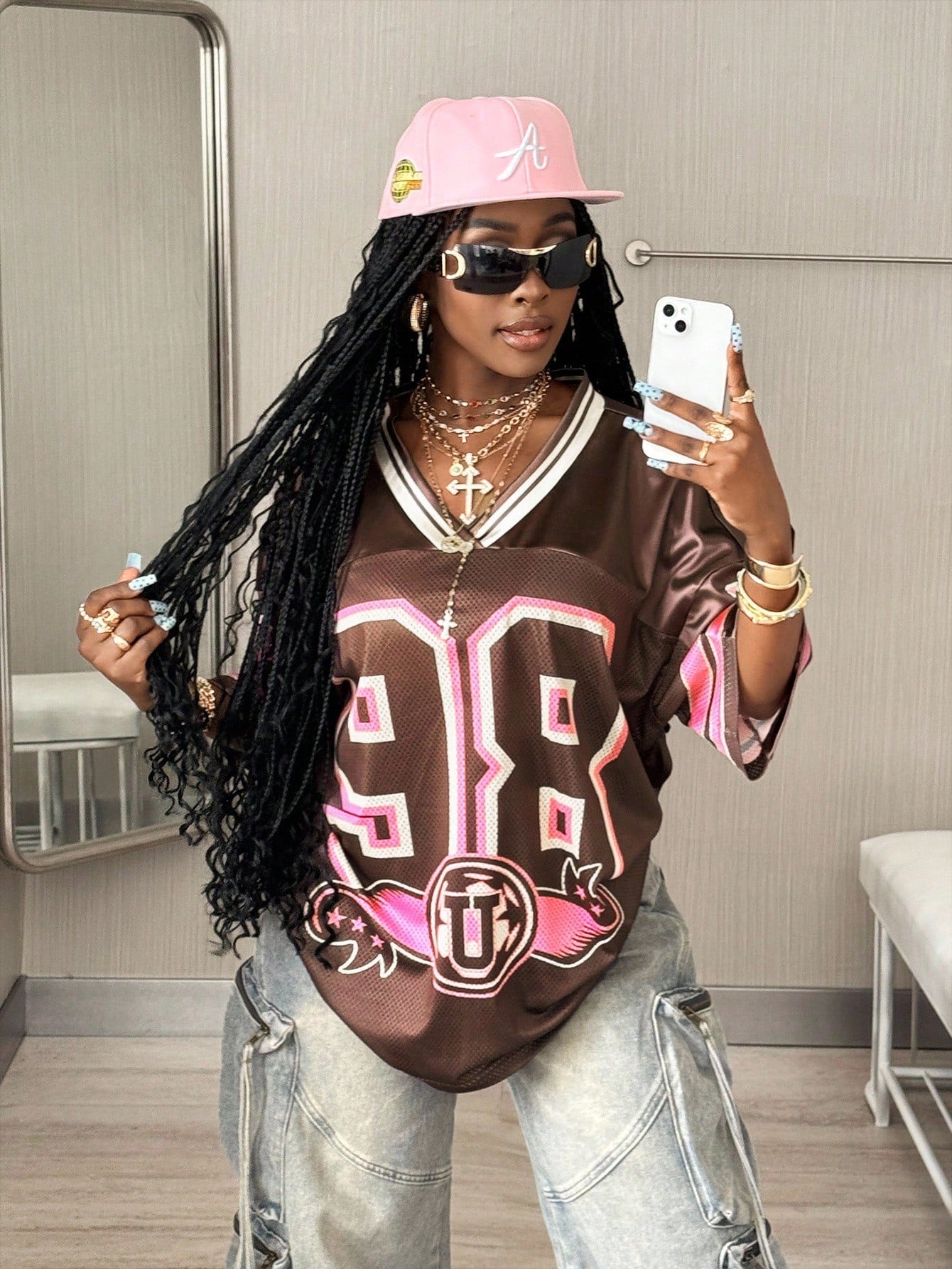 Women's Oversized Brown Striped V-Neck Jersey