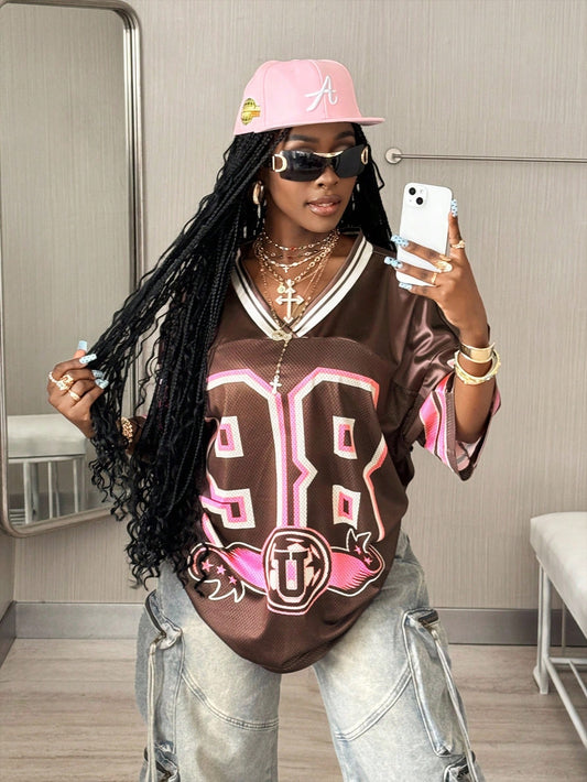 Women's Oversized Brown Striped V-Neck Jersey