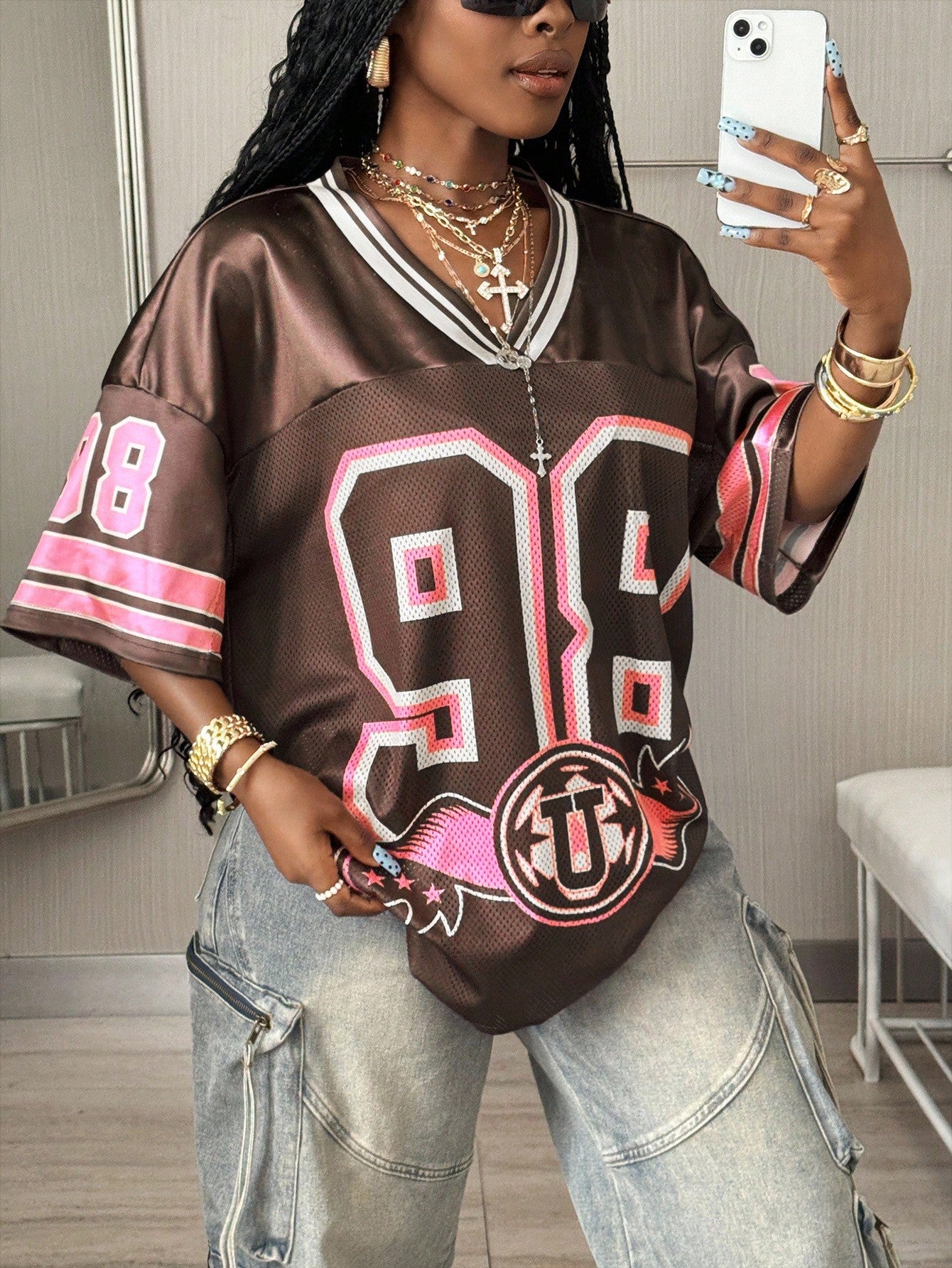 Women's Oversized Brown Striped V-Neck Jersey