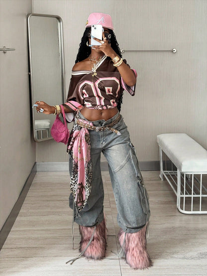 Women's Oversized Brown Striped V-Neck Jersey