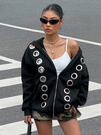 Avant-Garde Grommet Black Hooded Cropped Sweatshirt