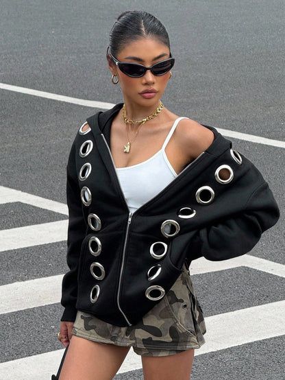 Avant-Garde Grommet Black Hooded Cropped Sweatshirt