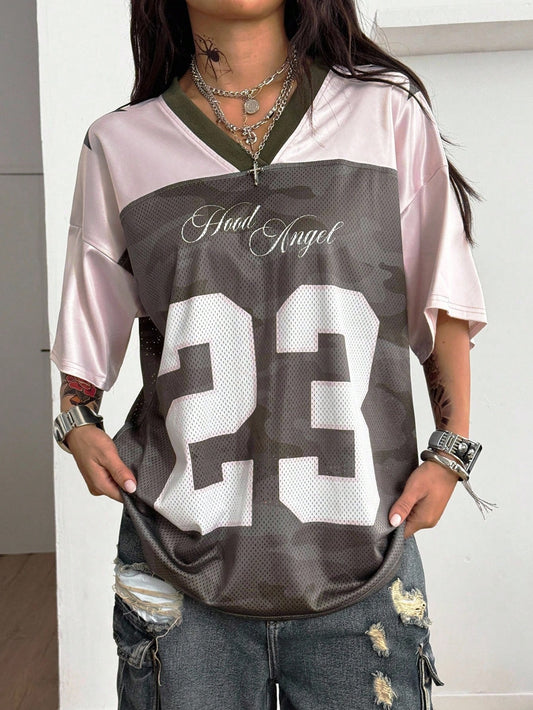 Multicolor Colorblock & Letter Print V-Neck Jersey