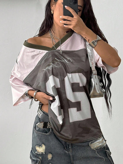 Multicolor Colorblock & Letter Print V-Neck Jersey